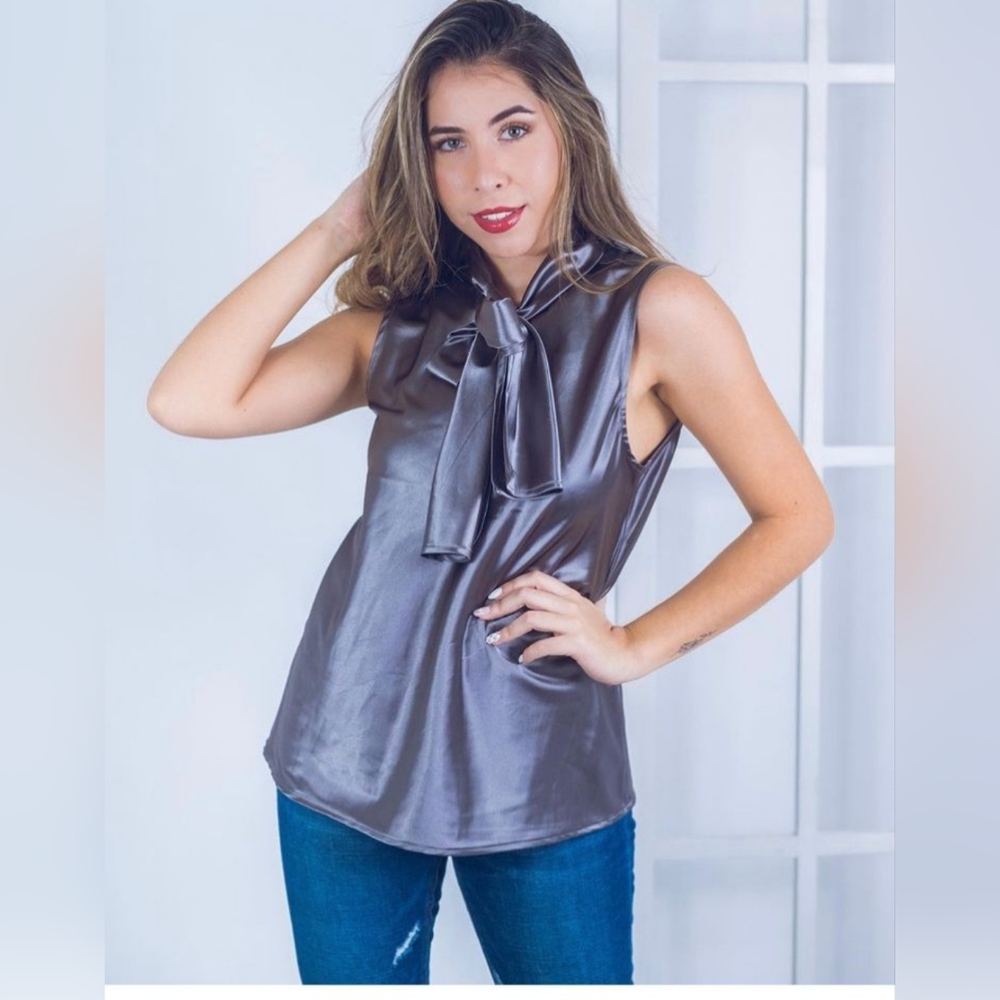 Zara Silver Sleeveless Blouse with Tie Front